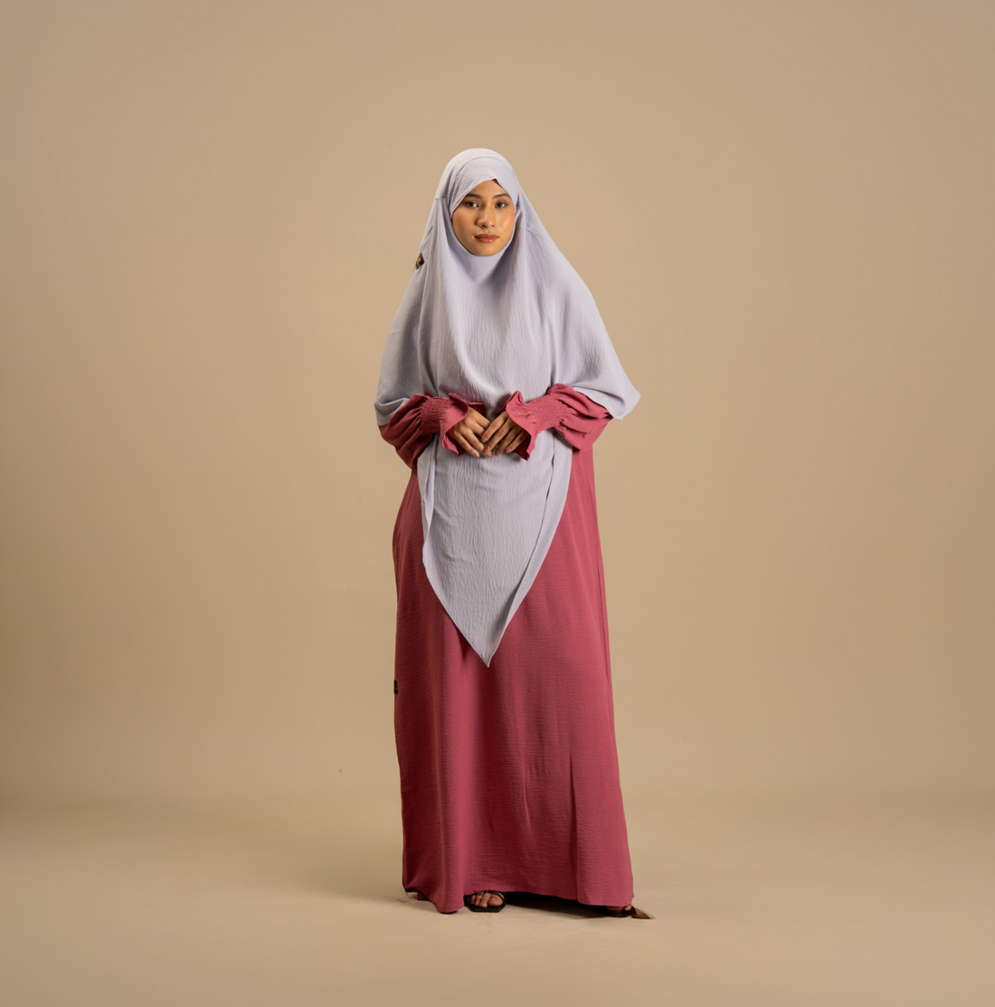 Orchid Khimar two-piece abaya set for women – light grey and pink